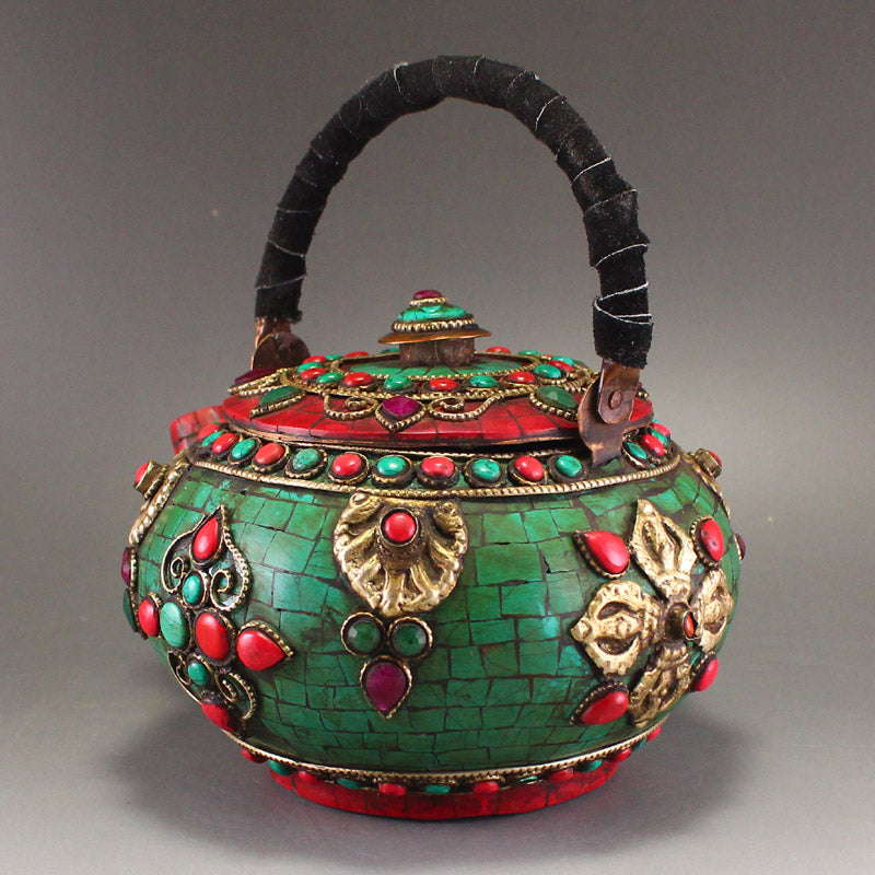 Old Tibetan Copper Inlay Turquoise Handle Teapot