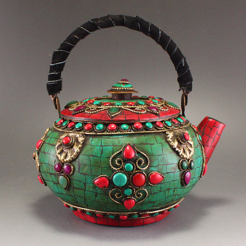 Old Tibetan Copper Inlay Turquoise Handle Teapot