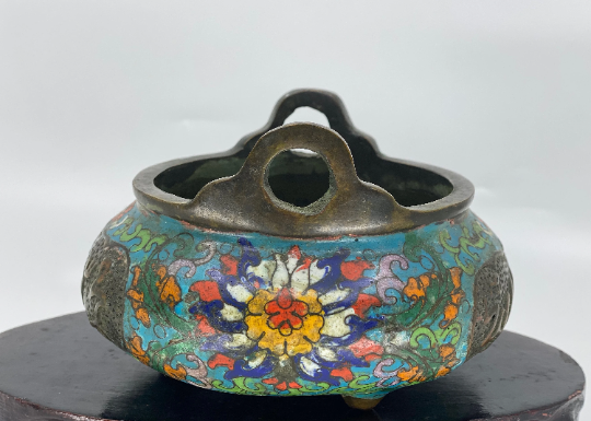 Vintage Chinese Bronze Cloisonne 3 Leg Incense Burner w Qianlong Mark