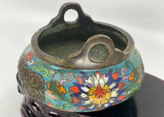 Vintage Chinese Bronze Cloisonne 3 Leg Incense Burner w Qianlong Mark