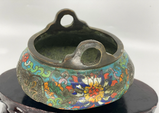 Vintage Chinese Bronze Cloisonne 3 Leg Incense Burner w Qianlong Mark