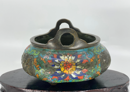 Vintage Chinese Bronze Cloisonne 3 Leg Incense Burner w Qianlong Mark
