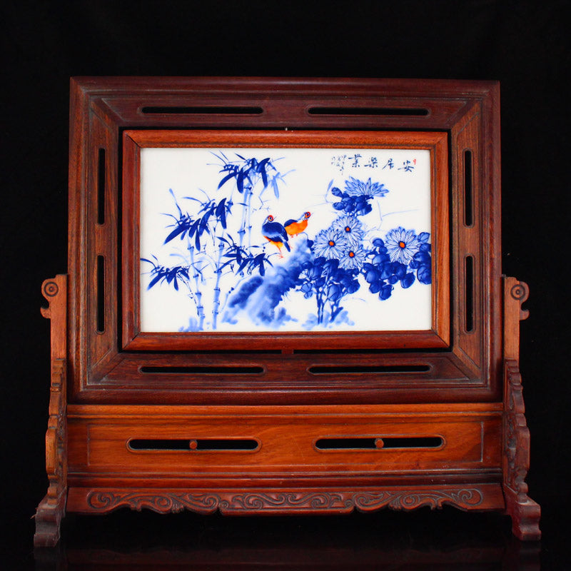 Chinese Zitan Wood Inlay Porcelain Plaque Painting Turn Heart Screen