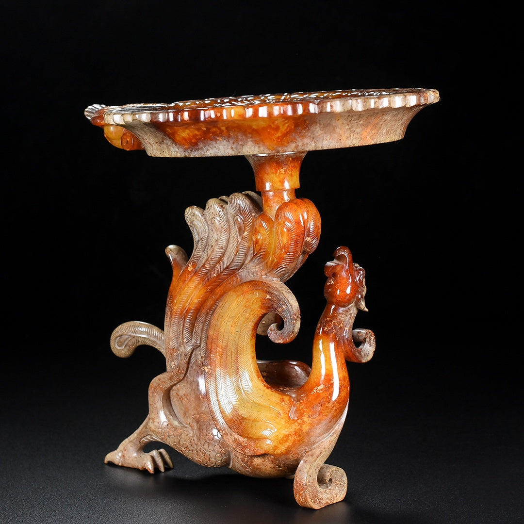Vintage Chinese Hetian Jade Carved Phoenix Candlestick