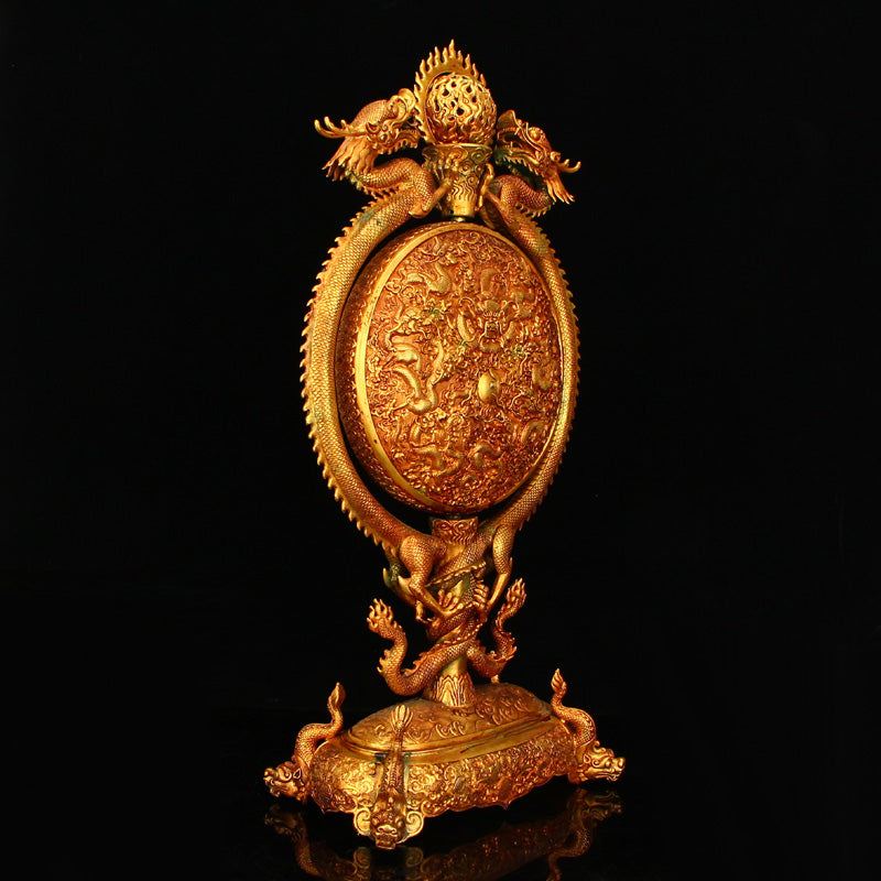 Superb Chinese Gilt Gold Copper Double Dragon Turn Heart Screen w Dragon Base & Qian Long Mark