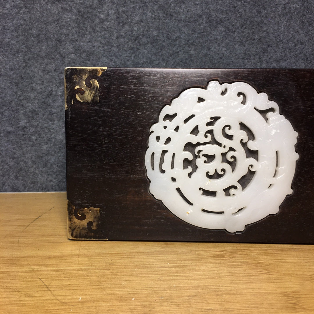 Old Zitan Wood Inlay Jade & Brass Jewellery Box