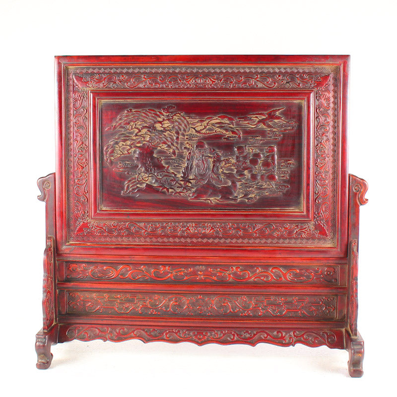 Vintage Chinese Wood Low Relief Pine Tree & Taoism Deity Fukurokuju Design Screen