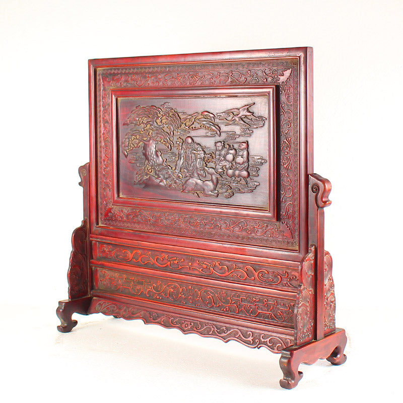 Vintage Chinese Wood Low Relief Pine Tree & Taoism Deity Fukurokuju Design Screen