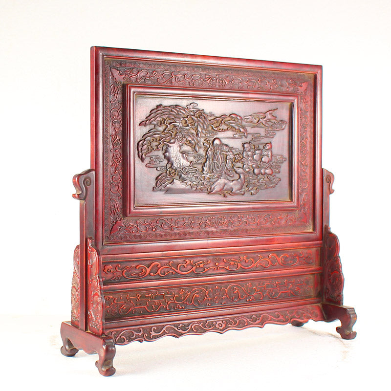 Vintage Chinese Wood Low Relief Pine Tree & Taoism Deity Fukurokuju Design Screen