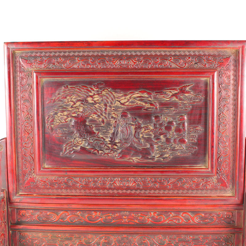 Vintage Chinese Wood Low Relief Pine Tree & Taoism Deity Fukurokuju Design Screen