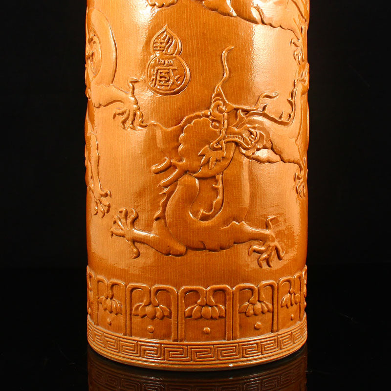 Chinese Yellow Glaze Low Relief Fortune Dragon Porcelain Painting Pot