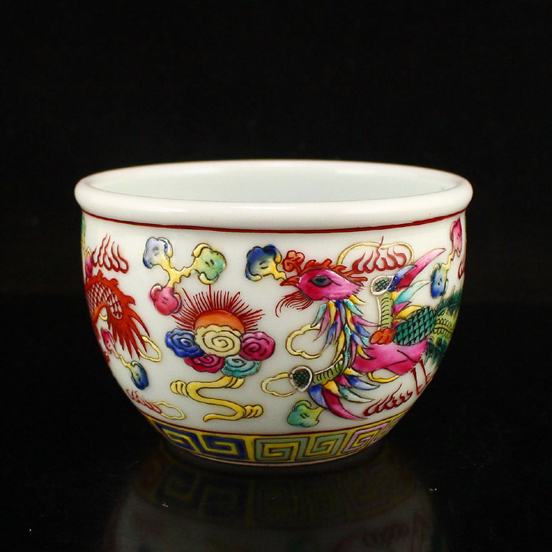 Chinese Famille Rose Dragon Phoenix Design Porcelain Cup