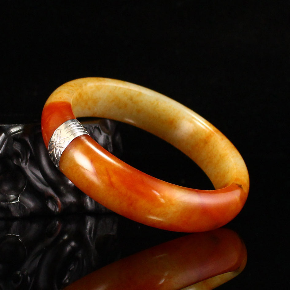 Old Inside Diameter 57mm Hetian Jade Inlay Silver Bracelet