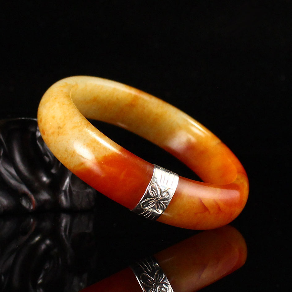 Old Inside Diameter 57mm Hetian Jade Inlay Silver Bracelet