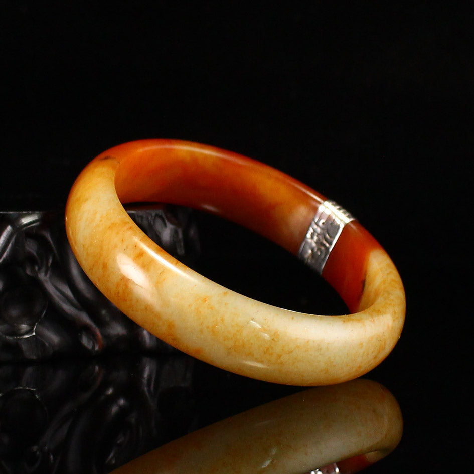 Old Inside Diameter 57mm Hetian Jade Inlay Silver Bracelet