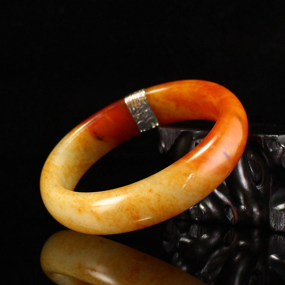 Old Inside Diameter 57mm Hetian Jade Inlay Silver Bracelet
