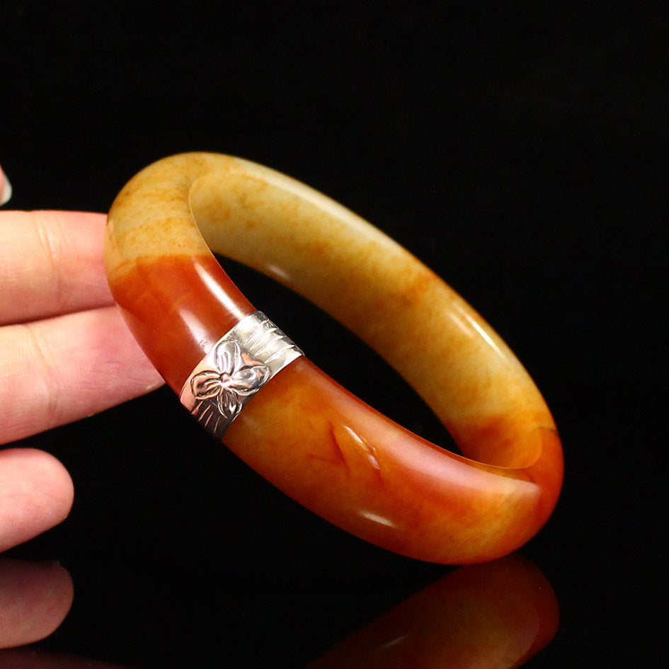 Old Inside Diameter 57mm Hetian Jade Inlay Silver Bracelet