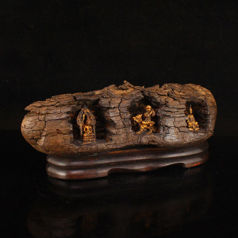 Chinese Thuja Sutchenensis Wood & Copper Three Buddha Statue