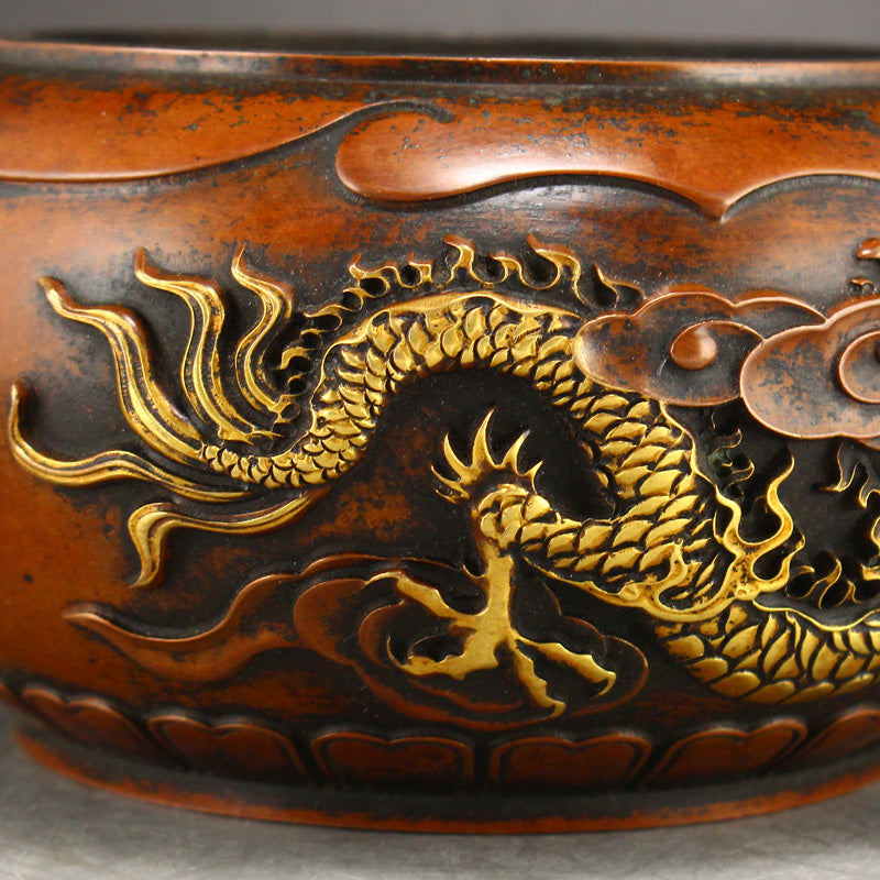 Chinese Gilt Gold Copper Double Dragon Fireball Incense Burner