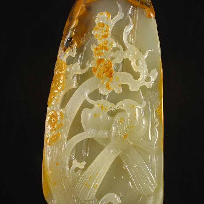 Chinese Huang Long Jade Magpie & Plum Flower Statue