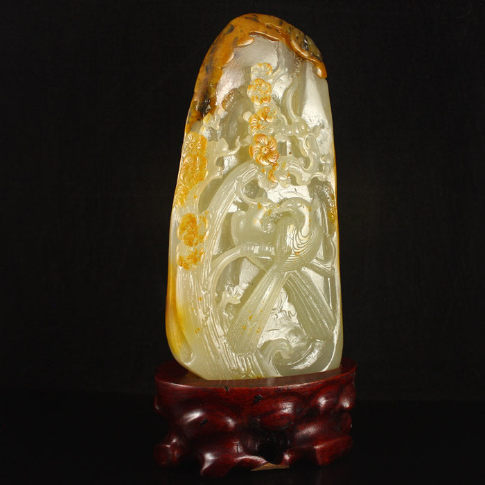 Chinese Huang Long Jade Magpie & Plum Flower Statue