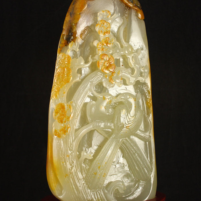 Chinese Huang Long Jade Magpie & Plum Flower Statue