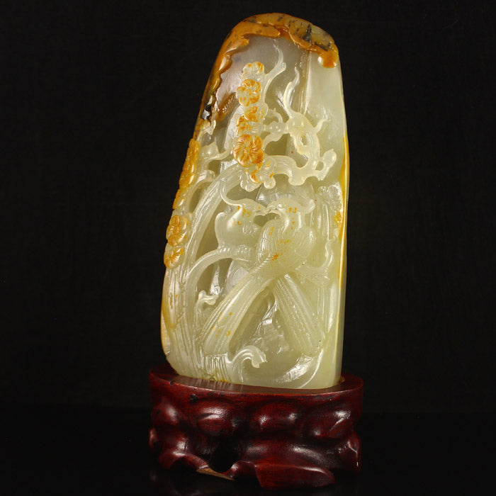 Chinese Huang Long Jade Magpie & Plum Flower Statue
