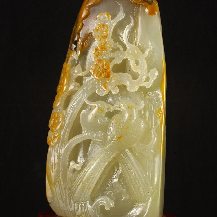 Chinese Huang Long Jade Magpie & Plum Flower Statue