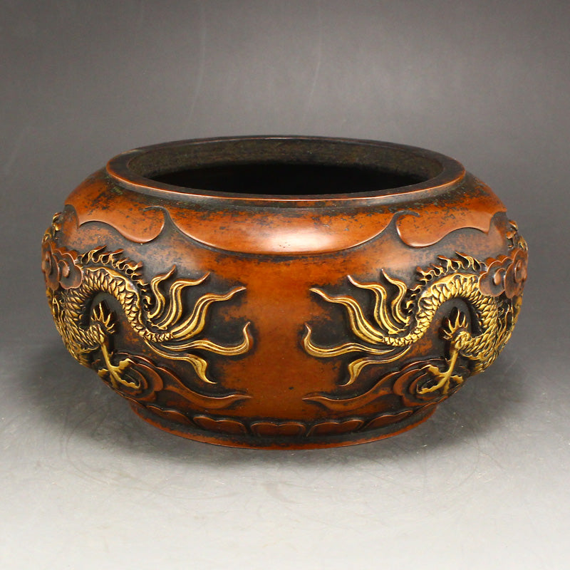 Chinese Gilt Gold Copper Double Dragon Fireball Incense Burner