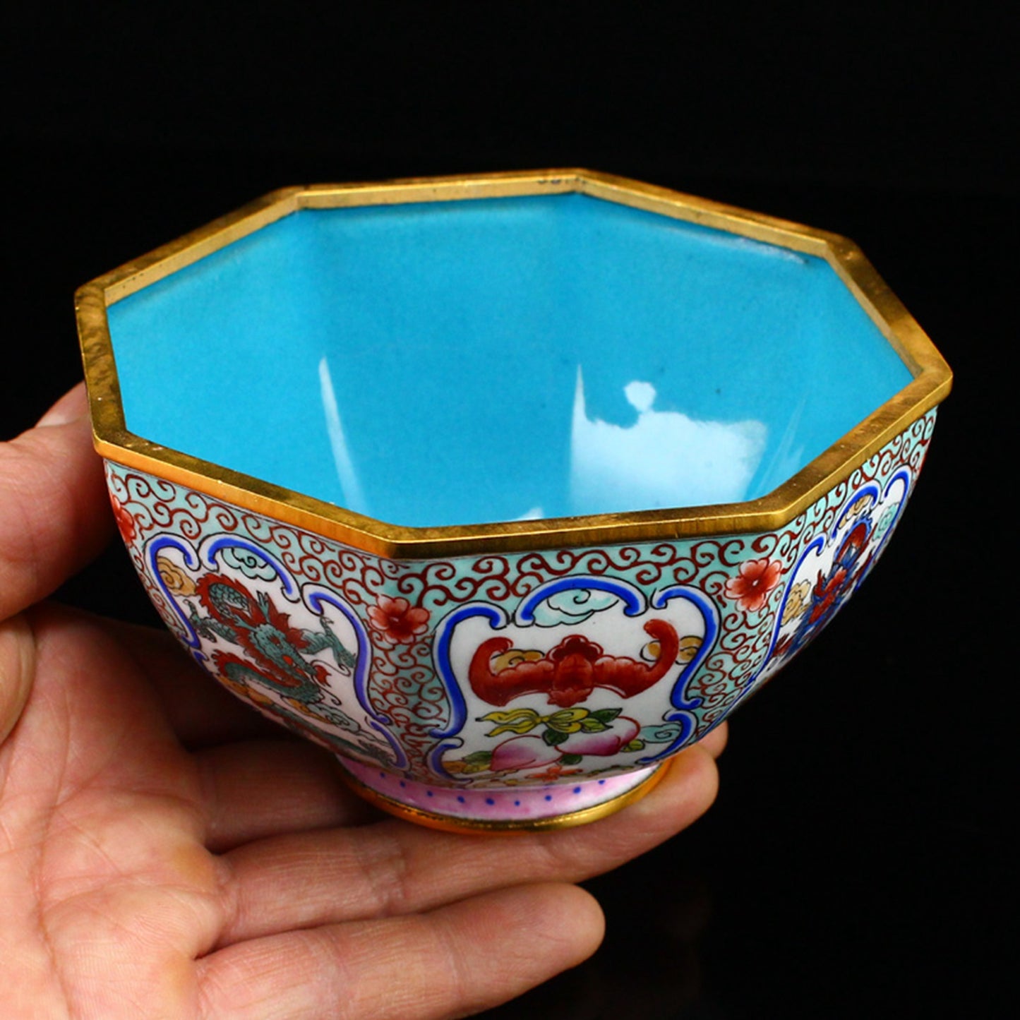 Chinese Gilt Edge Copper Enamel Dragon & Bat Design Bowl