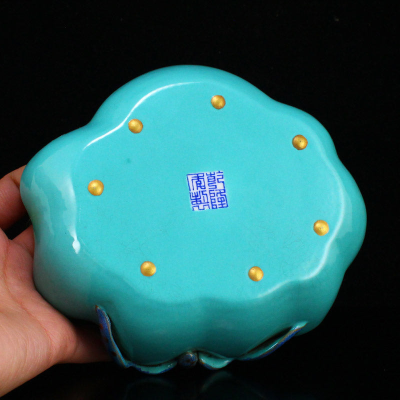 Vintage Chinese Gilt Edge Turquoise Glaze Fortune Bat Porcelain Brush Washer