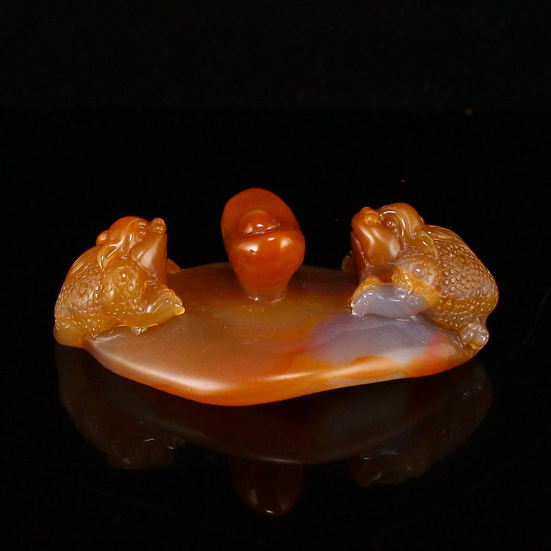 Natural Agate Carved Fortune Toad Statue w Certificate