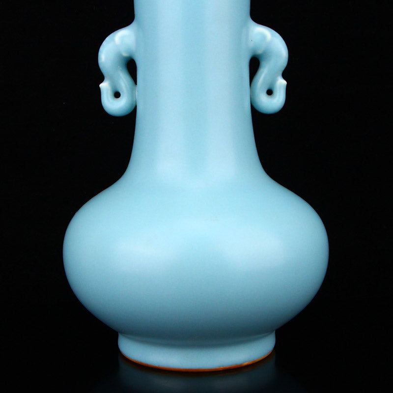 Chinese Sky Blue Glaze Elephant Head Double Ears Porcelain Vase w Qianlong Mark & Hardwood