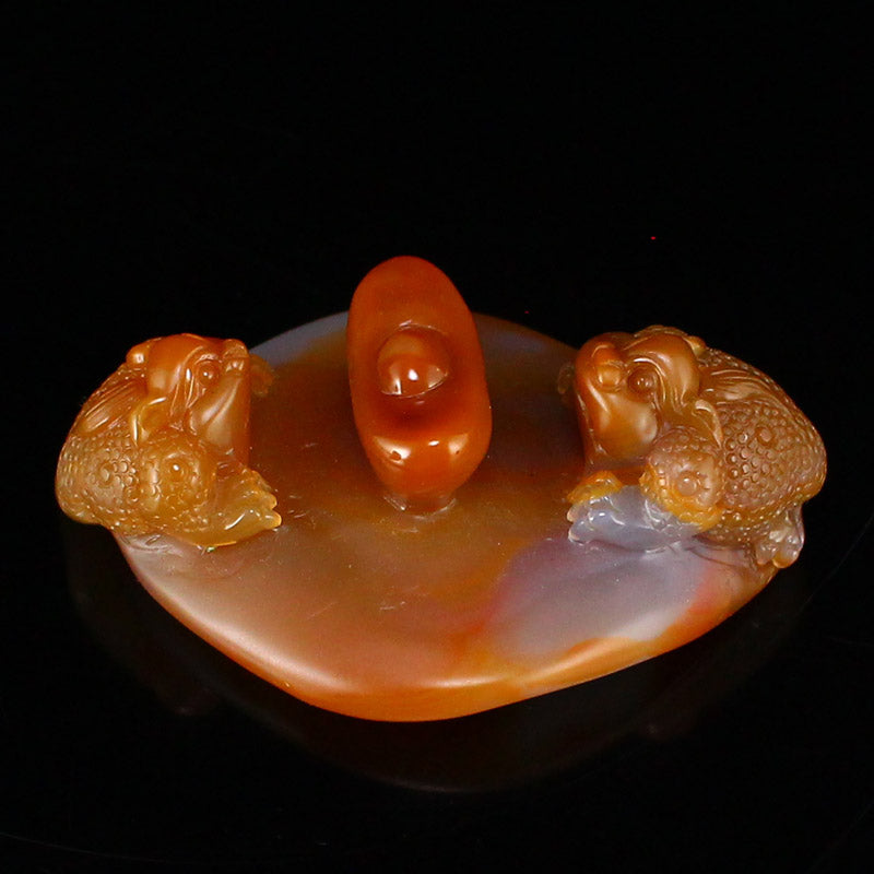 Natural Agate Carved Fortune Toad Statue w Certificate