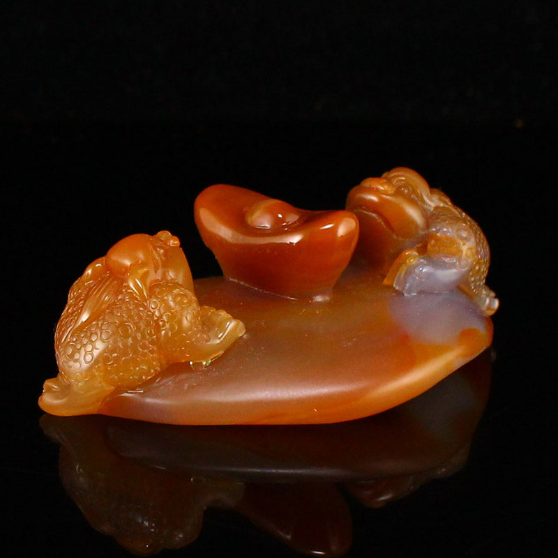 Natural Agate Carved Fortune Toad Statue w Certificate