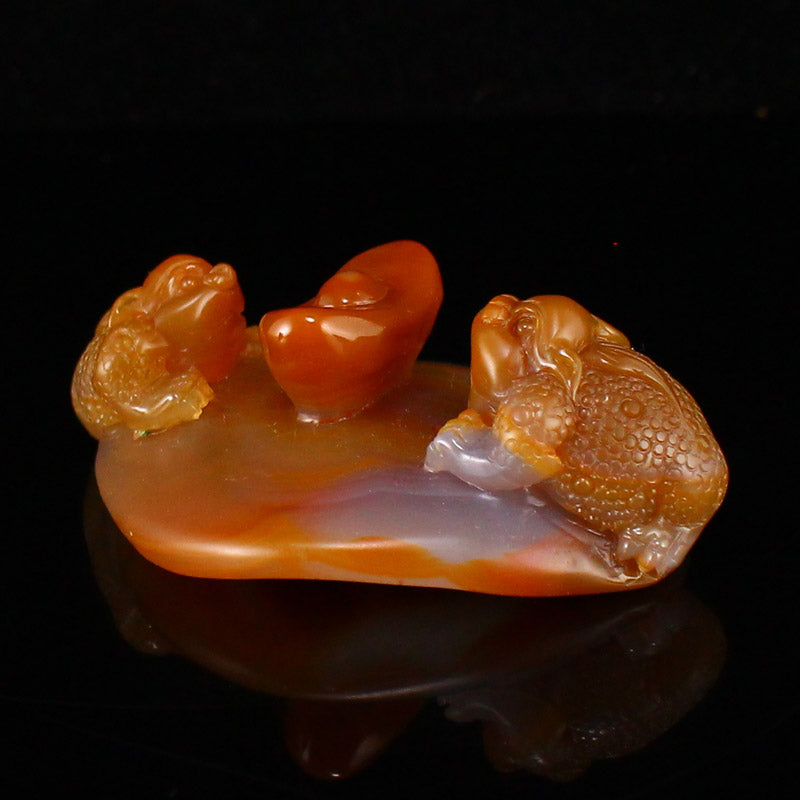 Natural Agate Carved Fortune Toad Statue w Certificate