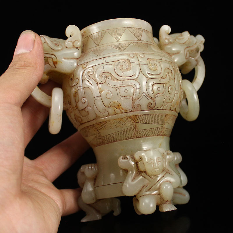 Vintage Chinese Hetian Jade Dragon Head Double Rings Vase