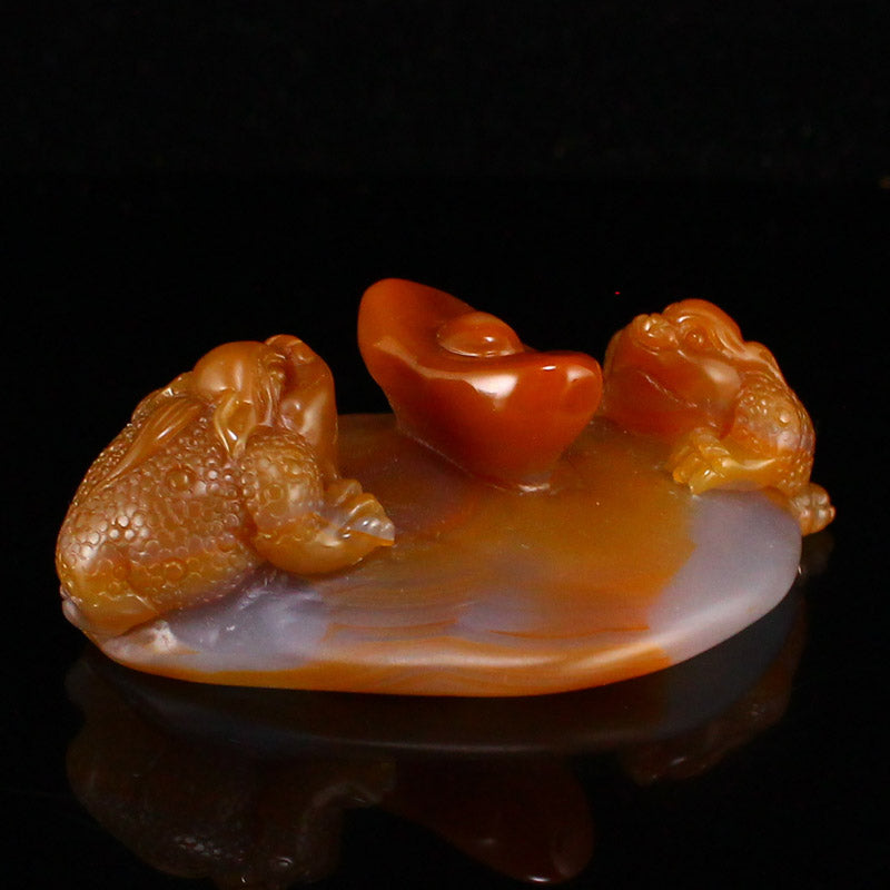 Natural Agate Carved Fortune Toad Statue w Certificate