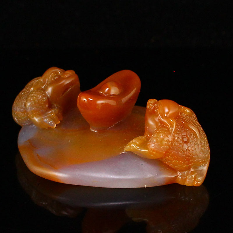 Natural Agate Carved Fortune Toad Statue w Certificate