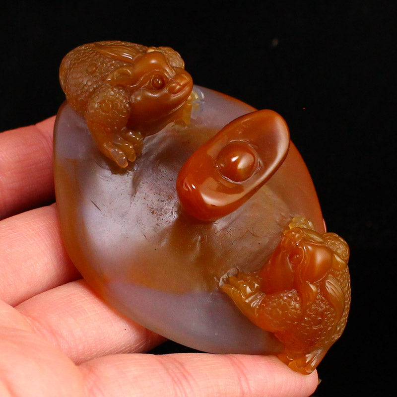 Natural Agate Carved Fortune Toad Statue w Certificate