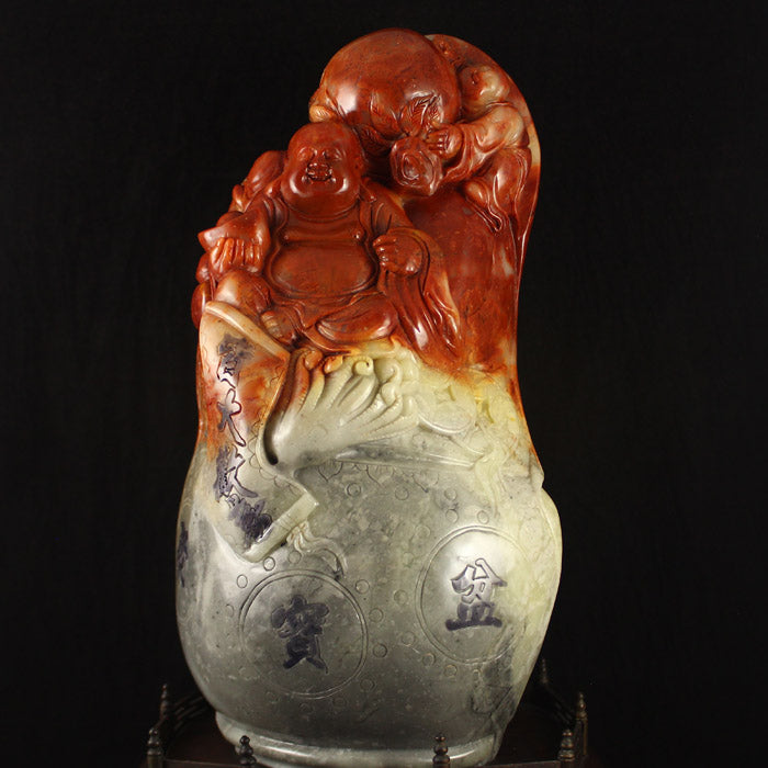 6.9 kg Superb Chinese Shoushan Stone Statue - Laughing Buddha & Kid