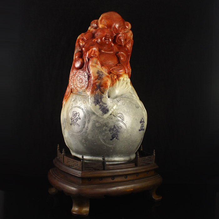 6.9 kg Superb Chinese Shoushan Stone Statue - Laughing Buddha & Kid