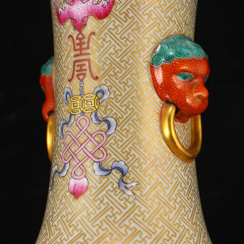 Superb Chinese Gilt Gold Famille Rose Double Ears Porcelain Big Vase