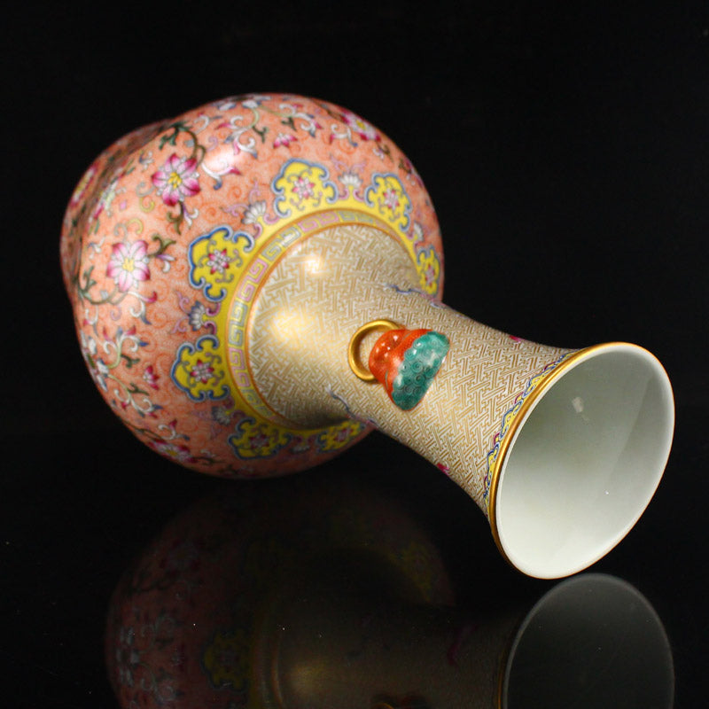 Superb Chinese Gilt Gold Famille Rose Double Ears Porcelain Big Vase