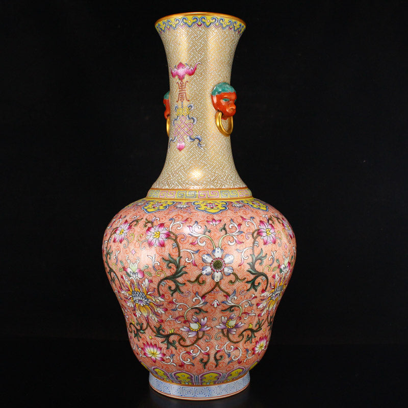 Superb Chinese Gilt Gold Famille Rose Double Ears Porcelain Big Vase