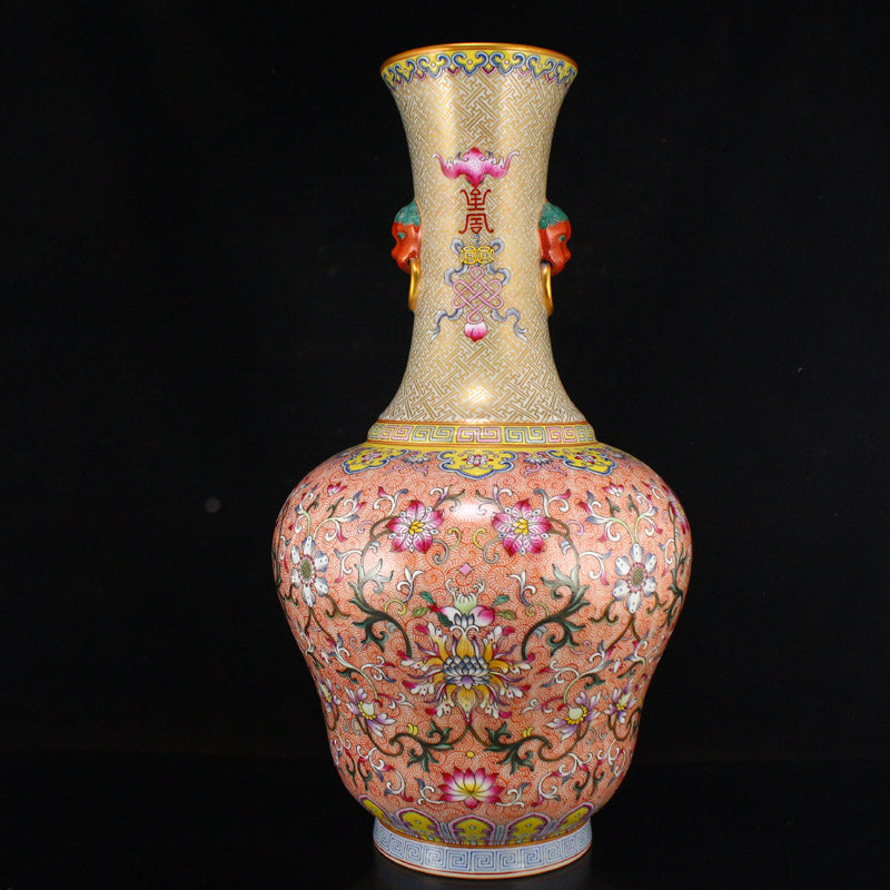 Superb Chinese Gilt Gold Famille Rose Double Ears Porcelain Big Vase