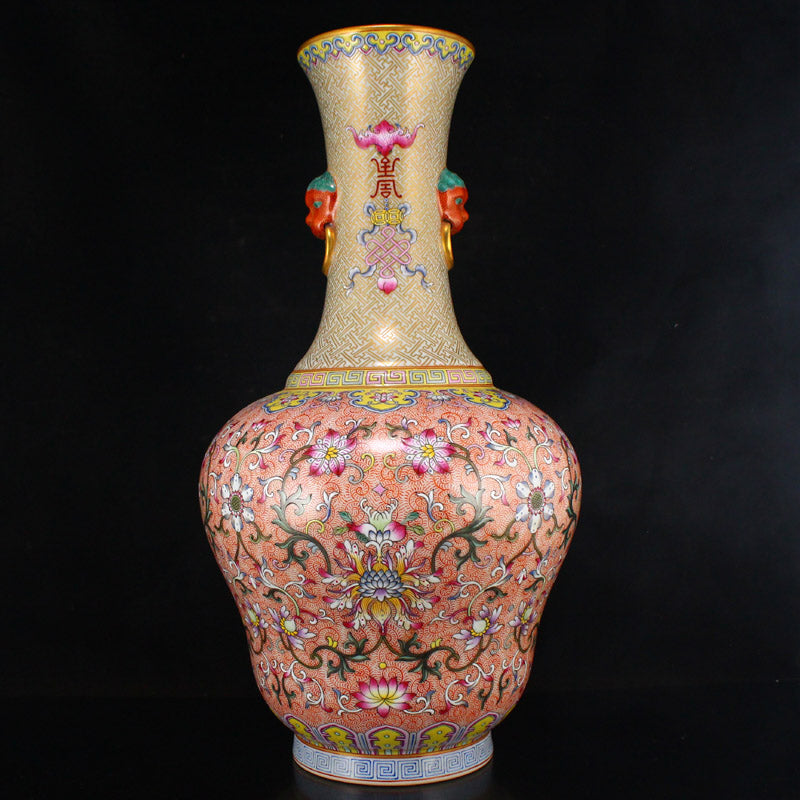 Superb Chinese Gilt Gold Famille Rose Double Ears Porcelain Big Vase