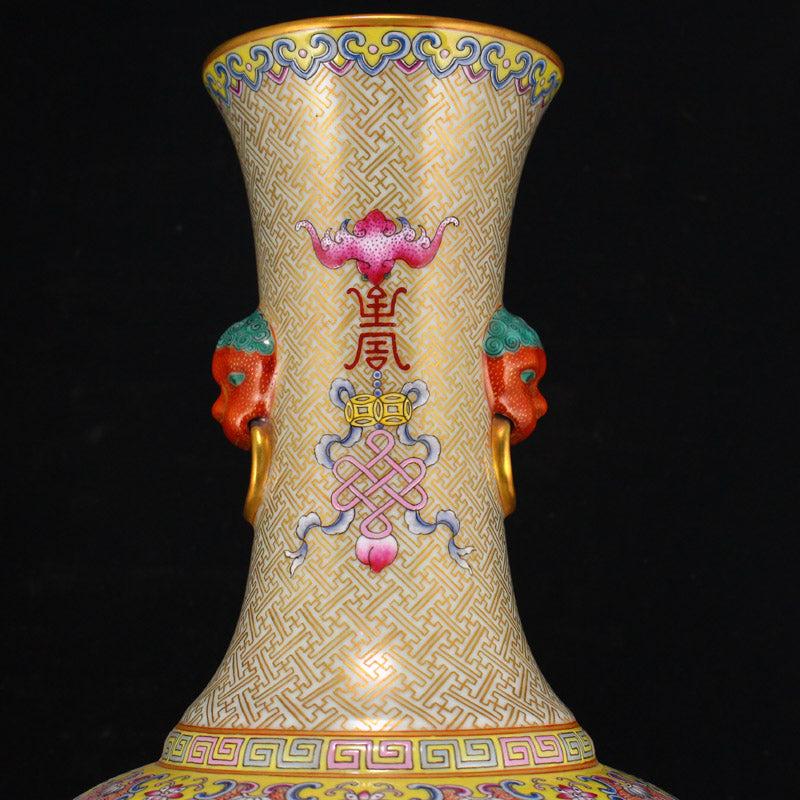 Superb Chinese Gilt Gold Famille Rose Double Ears Porcelain Big Vase