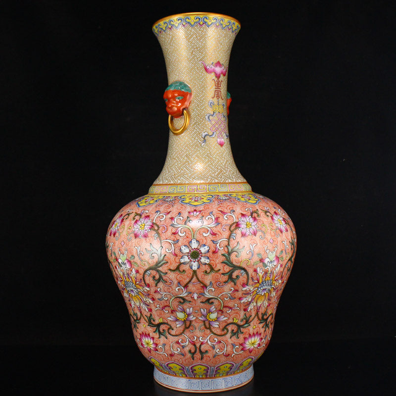 Superb Chinese Gilt Gold Famille Rose Double Ears Porcelain Big Vase