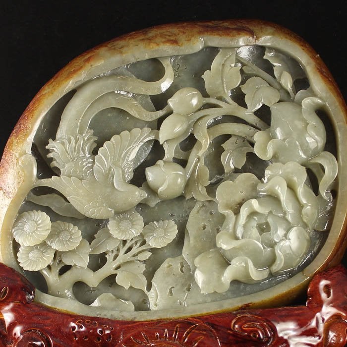 Chinese Natural Hetian Jade Peony & Magpie Statue